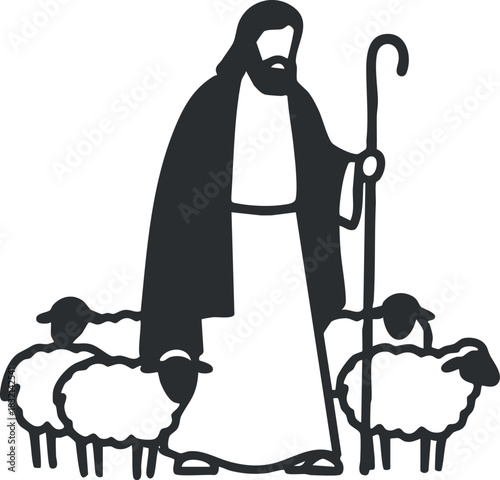 A shepherd with a staff surrounded by a flock of sheep in black and white vector style, ideal for religious themes and agricultural designs
