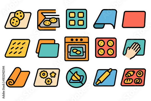 Colorful baking icons: cookies, oven, dough, rolling pin, pastries
