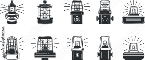 A collection of various lantern and light designs in black and white minimalist vector style, ideal for outdoor and camping themes