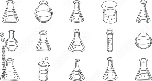 A collection of laboratory glassware including flasks, beakers, and test tubes in a black and white outline vector style, suitable for educational materials and scientific illustrations