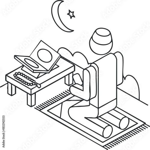 A man praying on a prayer rug with a Quran and rosary on the table in minimalist line art style, perfect for religious and spiritual themes