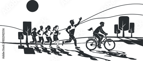 A group of runners following a cyclist in a minimalist black and white vector illustration, ideal for fitness and wellness projects