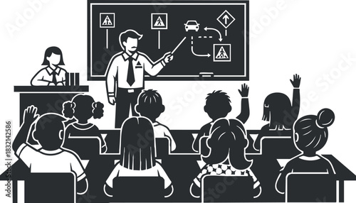 A classroom scene with a teacher explaining traffic signs to attentive students in black and white vector style, ideal for educational materials