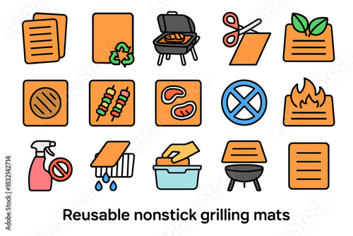 Icons representing reusable nonstick grilling mats with various features and uses