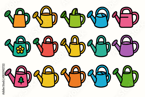 Colorful cartoon watering cans in various designs and colors
