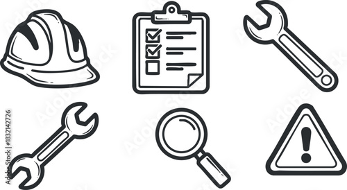 A collection of construction and safety icons including a hard hat, checklist, wrench, magnifying glass, and warning sign in black outline vector style, ideal for industrial and safety applications