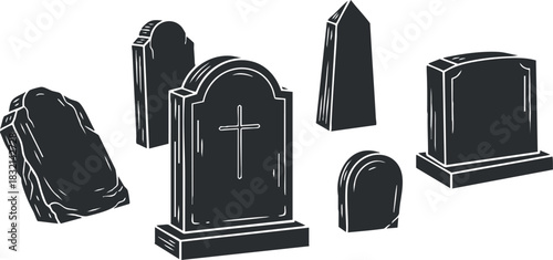 A set of various tombstones and grave markers in black and white outline vector style, suitable for Halloween themes or memorial designs