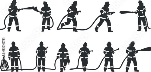A collection of firefighter silhouettes in action poses with hoses and equipment in black and white vector style, ideal for emergency services graphics
