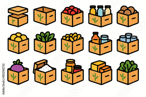 Colorful icon set of boxed groceries with fruits, vegetables, and products