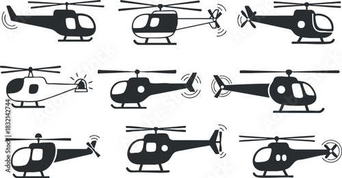 A collection of black and white helicopter icons in various positions and orientations, featuring a minimalist vector style, suitable for aviation-related projects