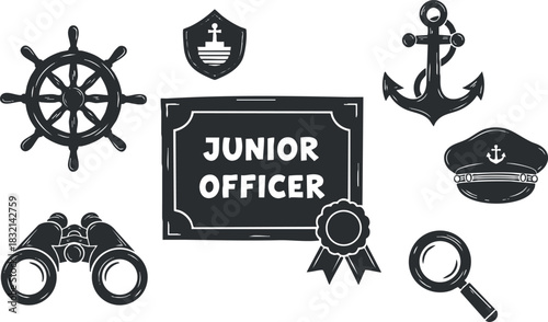 A collection of nautical-themed icons including a junior officer badge, anchor, ship's wheel, and binoculars in flat black and white vector style, suitable for maritime-related projects