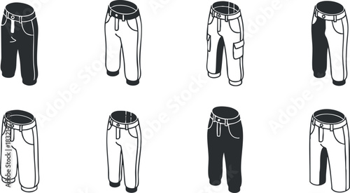 A collection of eight different styles of pants and trousers in black and white outline vector style, ideal for fashion design and clothing branding