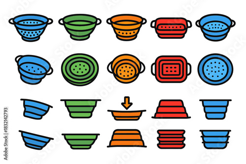 Colorful kitchen colanders and bowls illustrations in various shapes and colors