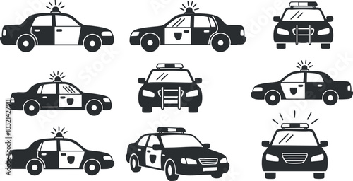 A set of black and white police car icons in flat vector style, perfect for law enforcement graphics and emergency services design