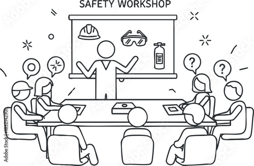 A safety workshop illustration featuring a presenter and attendees in outline vector style, ideal for training and educational materials