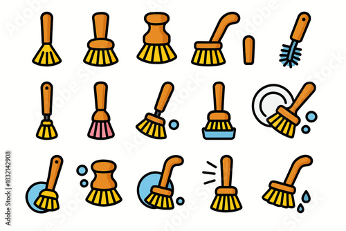 Variety of colorful cleaning brushes and sponges for dishwashing