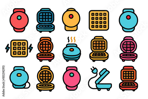 Colorful icons of various waffle makers and sandwich presses with different designs