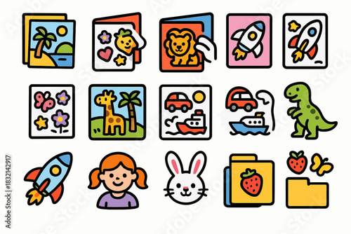 Colorful cartoon icons: animals, spaceships, and nature themes