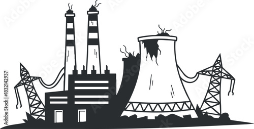 An industrial factory and power plant silhouette with cooling tower and smoke in black and white vector style, suitable for environmental discussions