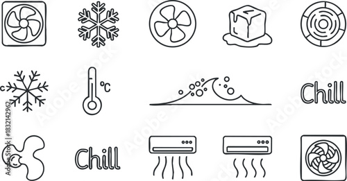 A collection of cooling icons including fans, snowflakes, ice, waves, and chill text in minimalist outline vector style, suitable for home and climate-related designs