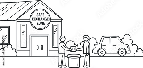 A safe exchange zone with two people exchanging goods in outline vector style, suitable for community safety initiatives