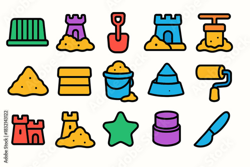 Colorful sandcastle and beach toys illustration with shovel, bucket, and roller