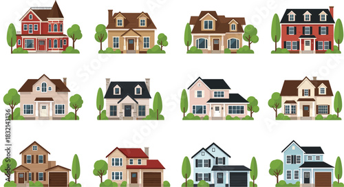 Mega Set of Diverse Traditional and Modern Suburban House Icons Vector Illustration