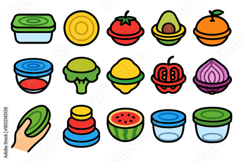 Colorful cartoon fruits and vegetables with bowls and lids