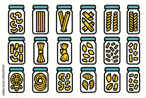 Various pasta types displayed in glass jars with blue lids