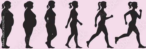 Weight loss transformation silhouette set, obese woman becoming fit runner, diet progress journey from fat to thin, vector illustration