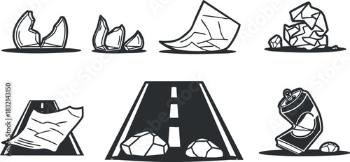 A collection of waste items including broken glass, crumpled paper, and litter in black and white minimalist vector style, ideal for environmental awareness themes