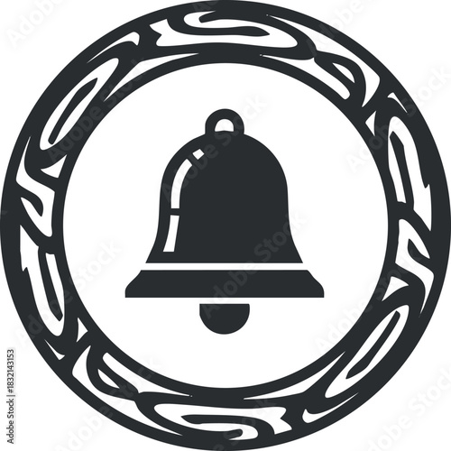 A decorative bell icon enclosed in a circular emblem with an intricate outline design in black and white vector style, suitable for alert notifications and communication graphics