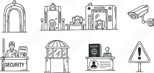 A collection of airport security icons including a security guard, camera, passport control, and warning signs in outline vector style, suitable for travel and safety applications