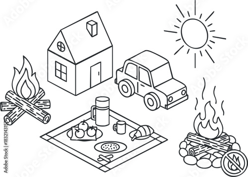 A camping scene featuring a house, a car, campfires, and picnic items in minimal outline vector style, ideal for outdoor adventure themes
