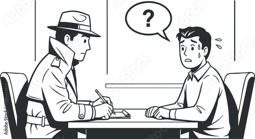 A detective and a nervous suspect sitting at a table in black and white minimalist vector style, ideal for storytelling and graphic novels
