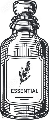 A vintage essential oil bottle with a botanical label in hand-drawn sketch style, perfect for wellness branding and packaging