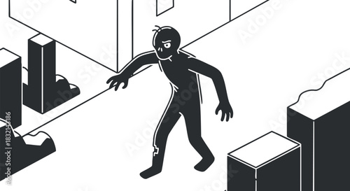 A cartoon character walking in an urban environment in black and white minimalist vector style, suitable for creative projects and storytelling