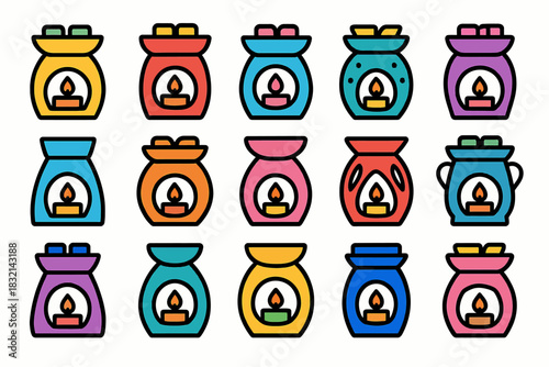 Colorful scented candle icons in decorative holders collection