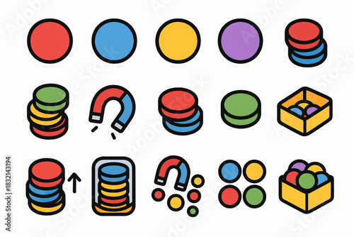 Colorful circles and magnets in various arrangements and stacks