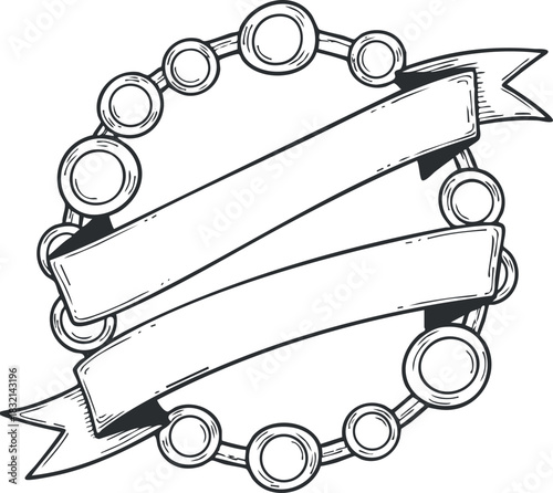 A decorative circular badge with ribbons and beads in a black and white outline style, ideal for branding and announcements
