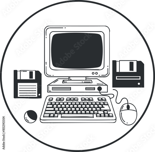 A vintage computer setup featuring a monitor, keyboard, mouse, and floppy disks in a minimalist black and white vector style, ideal for tech-themed designs and illustrations
