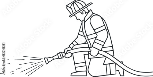 A firefighter using a hose to spray water in black and white line art vector style, suitable for safety and emergency services graphics