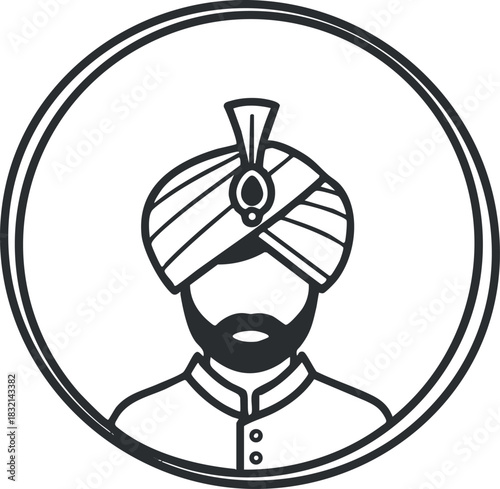 A traditional Sikh man wearing a turban in black and white outline vector style, suitable for cultural and ethnic representations