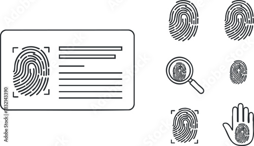 A collection of fingerprint icons and a fingerprint card in flat outline vector style, suitable for security and identity verification projects