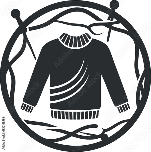 A cozy sweater illustration with knitting needles in black minimalist vector style, ideal for fashion and textile design