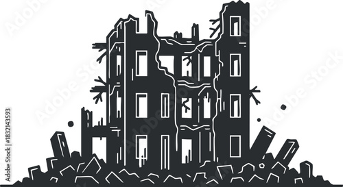 A crumbling building in outline vector style with debris and destruction, suitable for disaster-themed designs or urban decay illustrations