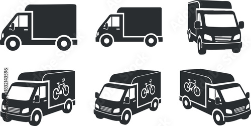 A set of delivery trucks and vans with bicycles in black and white vector style, ideal for transportation and logistics design