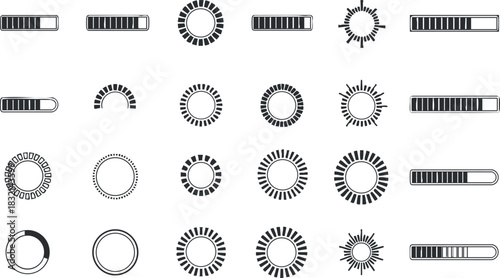 A collection of loading indicators and progress bars in black and white minimalist vector style, suitable for user interface design and web applications