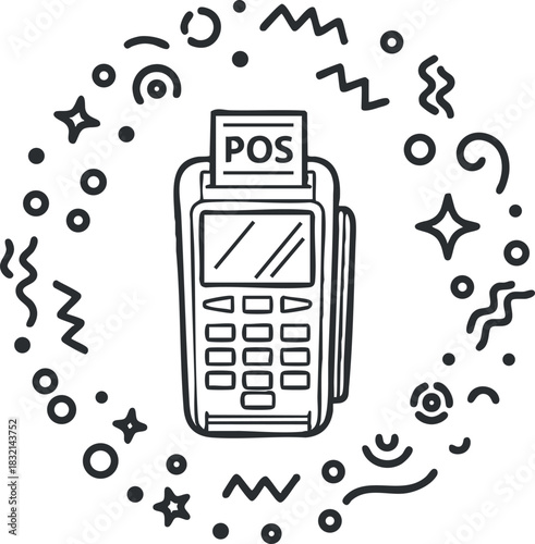 A point of sale (POS) terminal illustrated in a minimalist line art style, surrounded by decorative elements, ideal for finance and technology themes