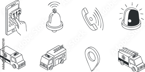 A set of emergency service icons including a phone call, alert bell, and service vehicles in minimalist vector style, suitable for safety and emergency applications